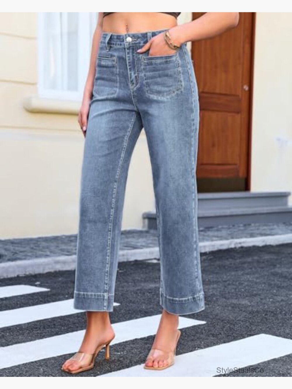 High Waist Wide Leg Cropped Jeans Stretch Denim Patch Pocket Straight Leg - Picture 4 of 7